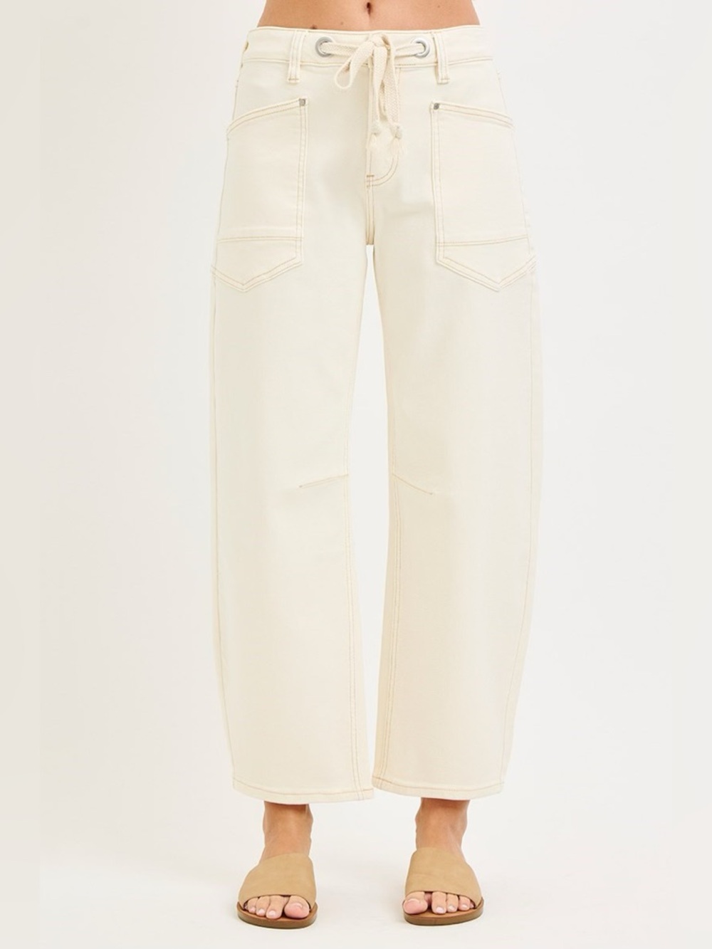 Risen Slouchy Barrel Leg Drawstring Utility Pants in Cream